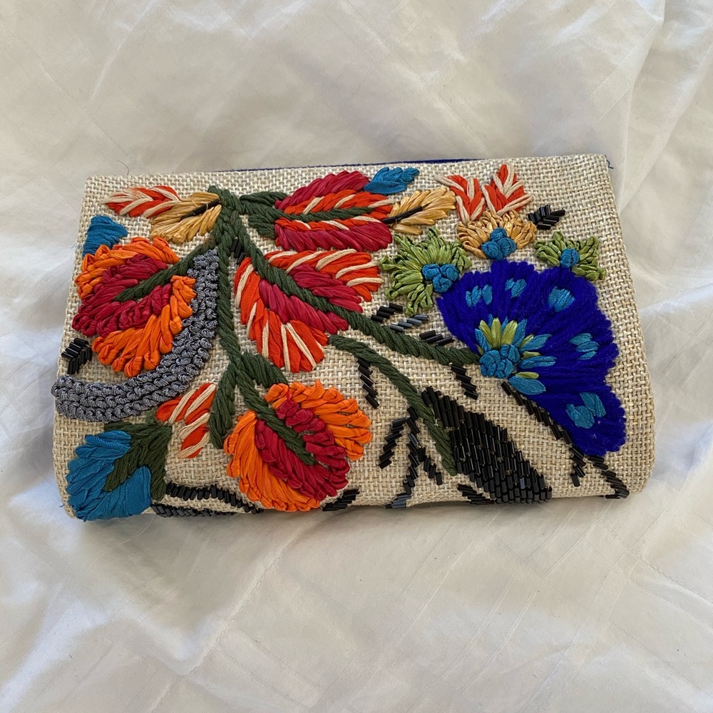 Anthropologie beaded and embroidered raffia clutch